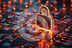 Holographic padlock amidst data streams and binary code in high-tech security setting