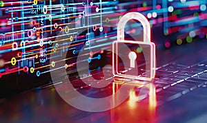Holographic padlock amidst data streams and binary code in high-tech security setting