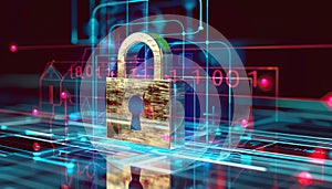 Holographic padlock amidst data streams and binary code in high-tech security setting