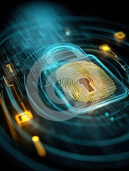Holographic Padlock With Fingerprint Icon in a Cybersecure Environment Showcasing Advanced Security Technologies