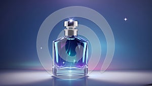 holographic of perfume bottle on gradient navy blue background