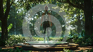 A holographic personal trainer offering tailored mental health exercises, set in a calming, virtual outdoor environment