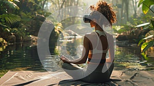 A holographic personal trainer offering tailored mental health exercises, set in a calming, virtual outdoor environment