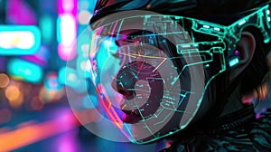 A holographic portrait of a streetwise courier with a cybernetic eye and neonlit bike helmet representing the fastpaced photo