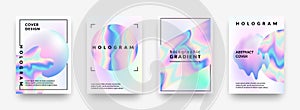 Holographic posters. Gradient minimal iridescent foil graphic mesh, neon purple 90s trendy effect. Vector abstract