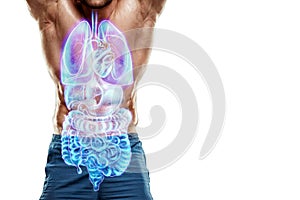 A holographic projection of a scan of human internal organs inside the body of a bodybuilder. The concept of modern medicine,