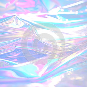 Holographic real texture in blue pink colors with scratches and irregularities. Holographic color wrinkled foil