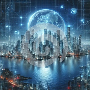 A holographic representation of a futuristic city sky photo