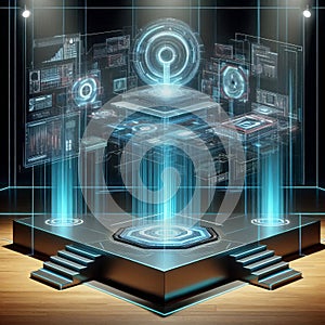 30 46 A holographic representation of a futristic platform game