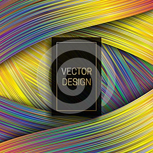 Holographic ribbon background with rectangular black and gold frame for text. Trendy packaging design or cover template