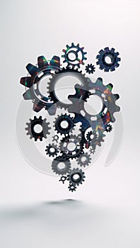 A holographic rotating gears icon representing a diverse business community against a white background photo