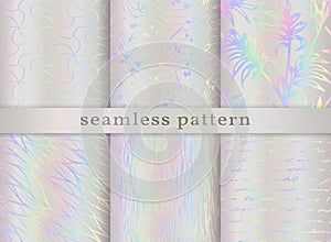 Holographic seamless pattern. Set iridescent background. Repeated rainbow pattern. Hologram texture. Repeating holograph foil prin