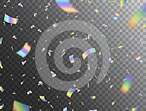 Holographic shiny falling confetti on transparent background. Rainbow festive tinsel. Glitch effect. Foil hologram