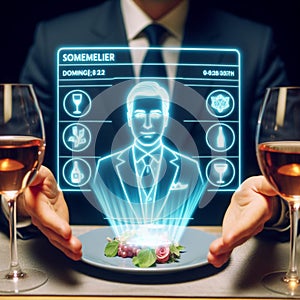 holographic sommelier guide that appears to recommend wine pairings for each course HD image
