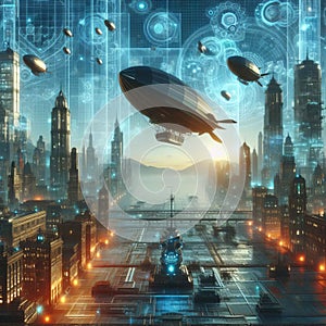 A holographic steampunk cityscape filled with holographic airs photo