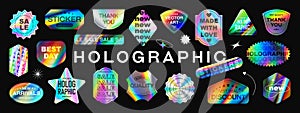 Holographic sticker set. Vector iridescent foil adhesive film, holography labels mockup and realistic holo textures