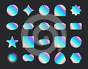 Holographic stickers. Hologram labels of different shapes. Round, square, oval, rhombus and wavy iridescent foil or silver colored