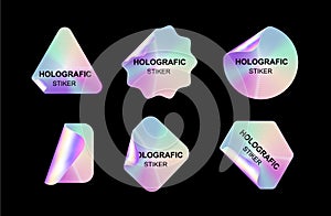 Holographic stickers. Hologram labels shapes. Colored blank rainbow shiny emblems label. Vector