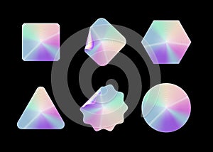 Holographic stickers. Hologram labels shapes. Colored blank rainbow shiny emblems label. Vector
