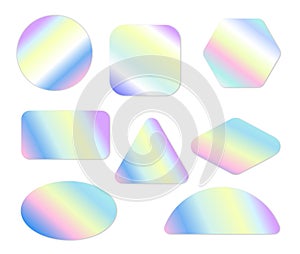 Holographic stickers. Holography gloss shapes. Vector gradient labels mockup