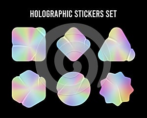 Holographic stickers mockup. Realistic hologram labels of different shapes with rumpled wrinkles. Blank holographic tags or labels