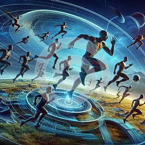 A holographic surreal landscape featuring athletes engaged in
