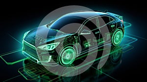 Holographic wireframe background for futuristic electric car with modern design concept.