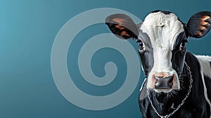 Holstein cow portrait against blue background