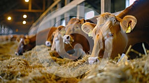 Holstein Cows Feeding in a Dairy Farm Barn