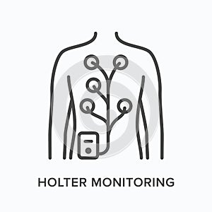 Holter monitor flat line icon. Vector outline illustration of man with electrodes on body. Cardiovascular, cardiology