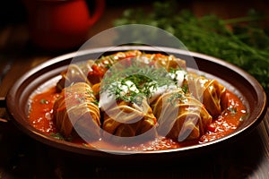 Holubtsi, a traditional Ukrainian dish consisting of neatly arranged stuffed cabbage rolls on a plate photo