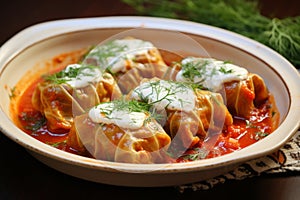 Holubtsi, a traditional Ukrainian dish featuring neatly arranged stuffed cabbage rolls, presented on a plate photo