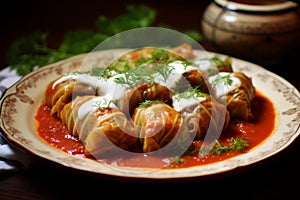 Holubtsi, Ukrainian traditional dish food stuffed cabbage rolls photo