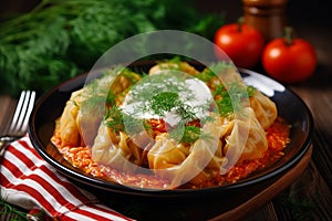 Holubtsi, Ukrainian traditional dish food stuffed cabbage rolls, neatly arranged on a plate photo