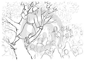  . hombre en un árbol apariencia afuera la multitud. dibujo a lápiz 