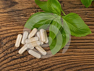 Holy Basil Capsules, Basilic Pills and Fresh Leaves, Natural Medical Diet Supplement
