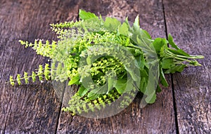 Holy Basil leaves on a wooden table