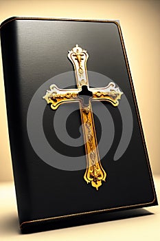 Holy Bible with black leather cover with golden metallic cross design.
