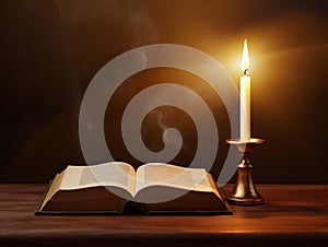 Holy Bible and candle for Christianity and Catholic theme background. Ai Generated Image