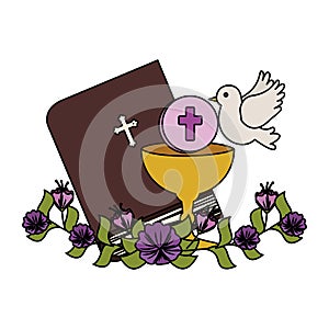 holy bible with chalice and flowers
