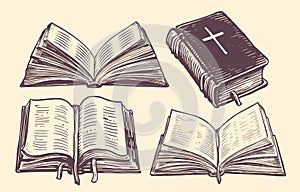 Holy Bible with Cross sketch. Hand drawn old book in vintage engraving style. Worship symbol vector illustration