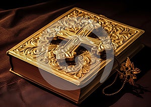 Holy Bible with golden cross. Religion and Christianity concept. Generative Ai