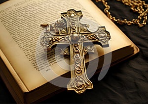 Holy Bible with golden cross. Religion and Christianity concept. Generative Ai