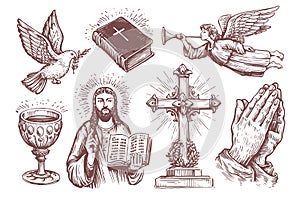 Holy Bible, hands folded in prayer, angel sketch. Religion symbols set. Collection of vintage vector illustrations