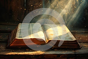 Holy Bible is an open book on which golden rays of light fall from above.