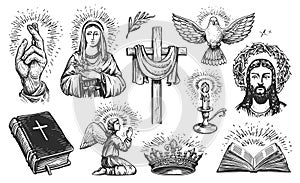 Holy Bible, Praying angel, Burning candle, Scripture, Jesus Christ, Dove, Cross. Faith in God concept in sketch style