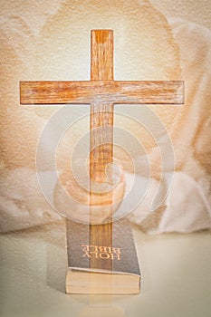 Holy bible on table in chruch and man praying for god blessing