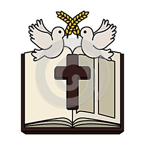 Holy bible with wooden cross and doves