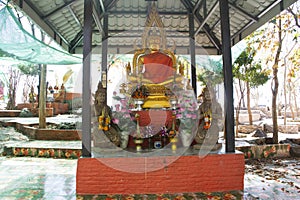 Holy buddha statue on Khao Phraya Doen Thong mountain hill for thai people traveler journey travel visit and respect praying