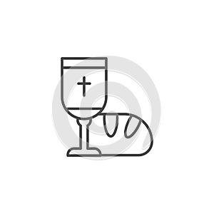 Holy communion line icon. Goblet and bread linear style sign for mobile concept and web design. Bread and wine cup outline vector